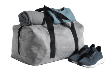 Grey duffel bag with teal shirt rolled-up blanket, and navy sneakers
