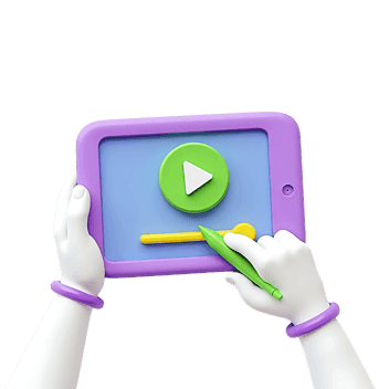 Cartoon hands interacting with colorful children's tablet, pressing play button. Online learning concept.