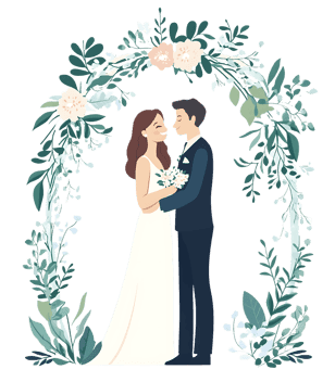 Bride and groom embracing, floral wedding arch