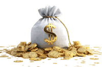 Money bag overflowing with gold coins.