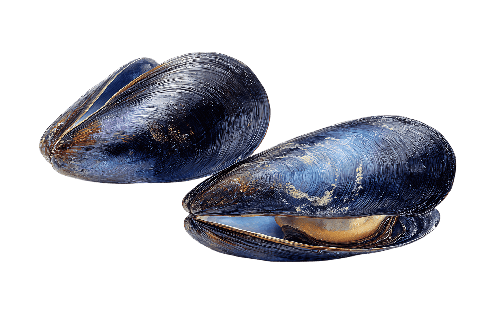 Close-up of two mussels. Rich textures and colors.