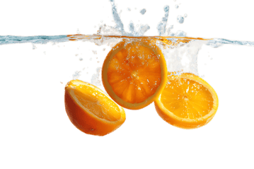 Fresh oranges splashing into water