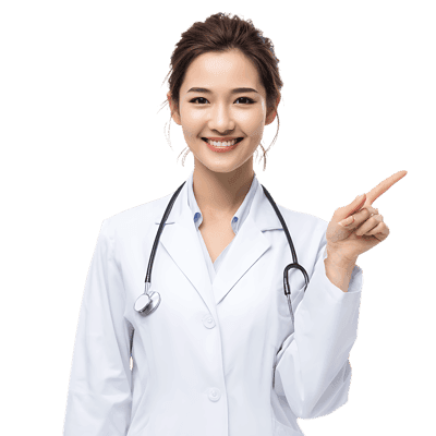 Smiling Asian female doctor points