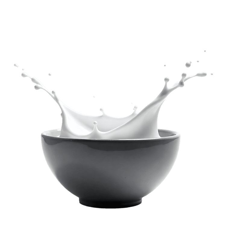 Dynamic milk splash captured in a dark ceramic bowl, creating contrast between white liquid and black container293