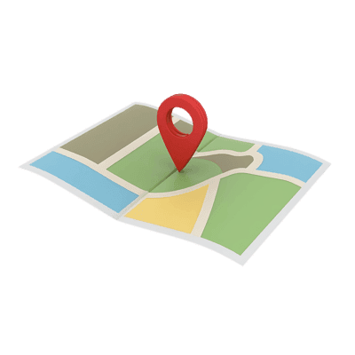 3D illustration of a folded map with a bright red location pin, symbolizing GPS navigation and destination