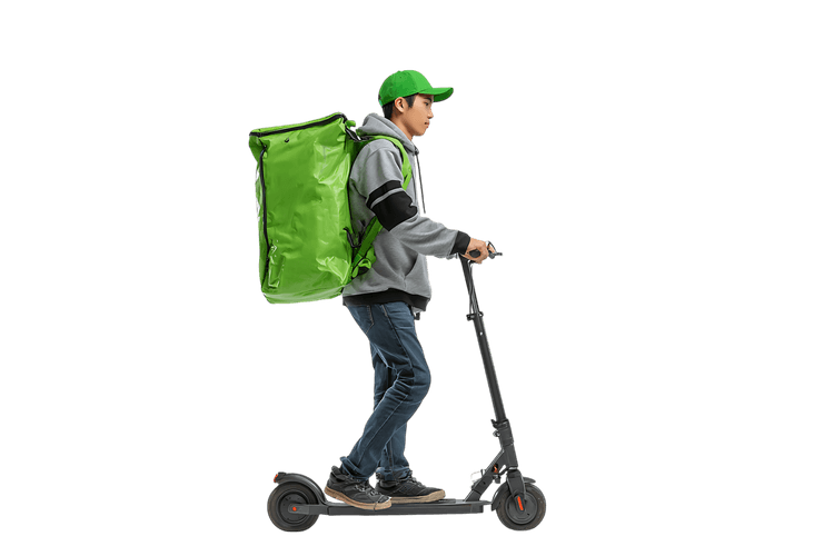 Food delivery courier on electric scooter with thermal backpack.
