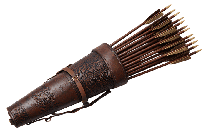 Vintage leather quiver filled with arrows.  Hunting, archery, medieval.