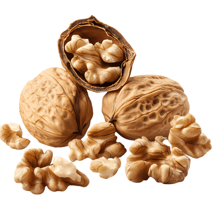 Close up of walnuts, shelled and unshelled.