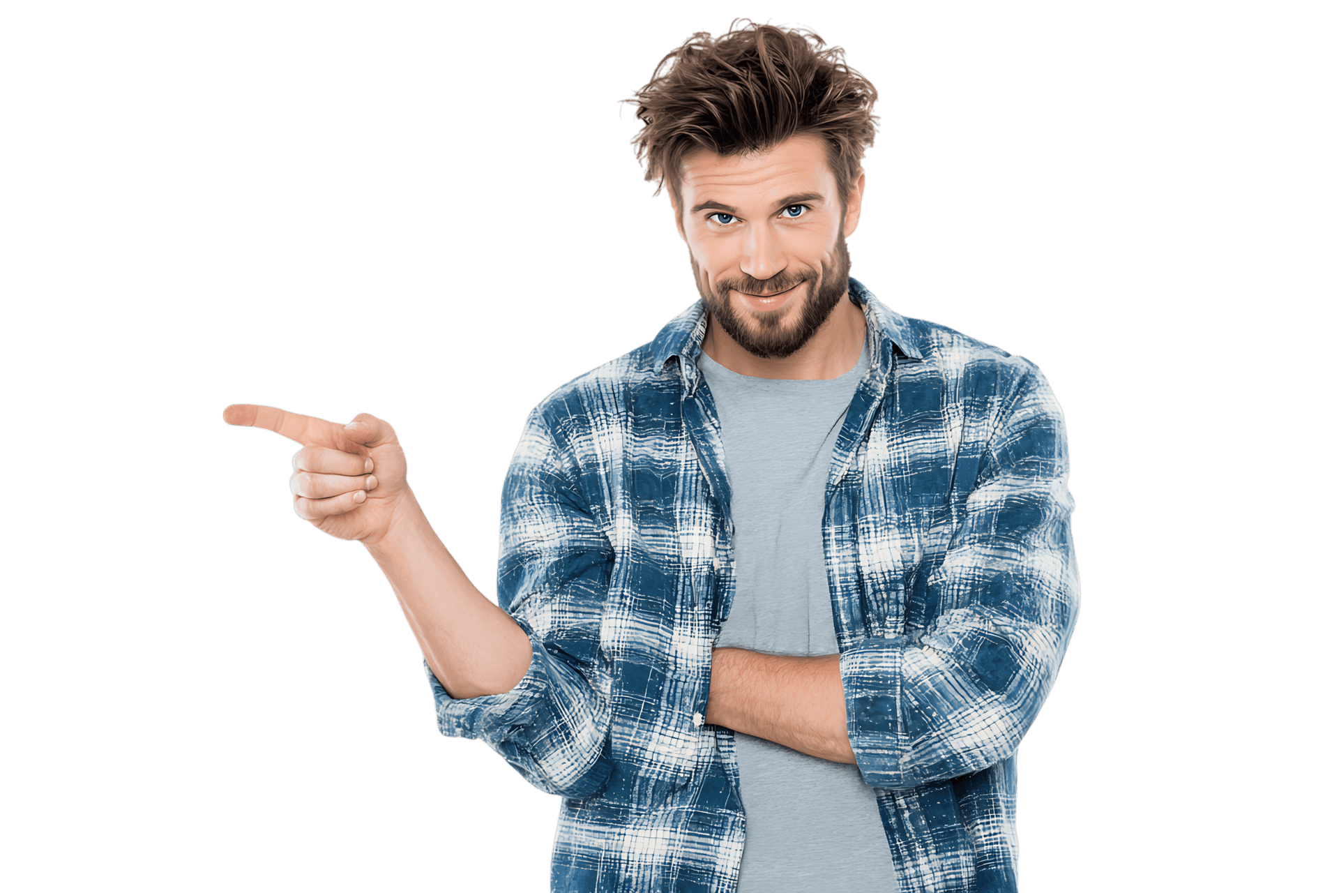 Happy man pointing finger, casual style
