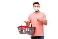 Man in mask holds shopping basket