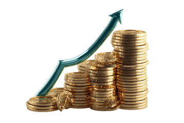 Stacks of gold coins with an upward arrow, symbolizing financial growth and wealth.