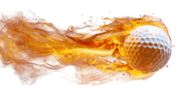 Golf ball on fire, symbolizing power, speed, and competition.