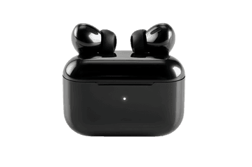 Black wireless earbuds in charging case387