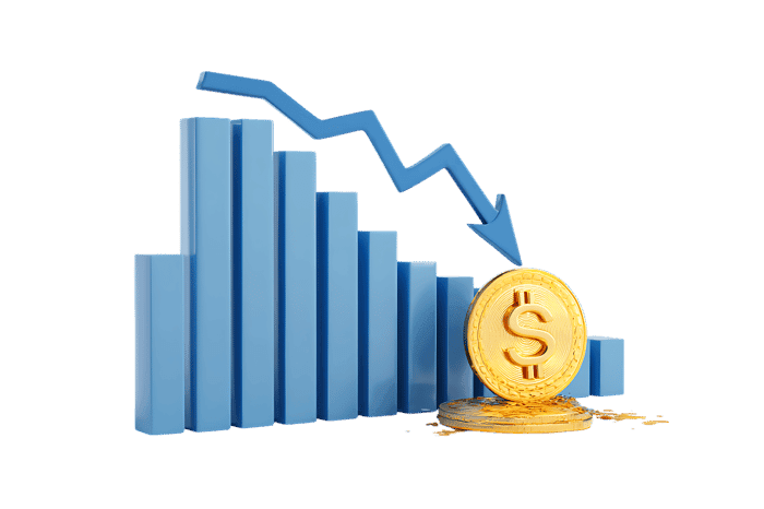 Falling bar graph and gold coin illustrate financial downturn.