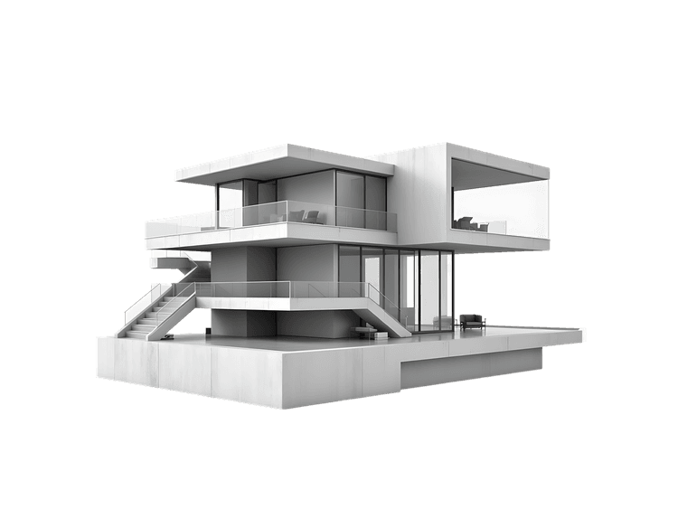 Modern white house with glass walls and balconies