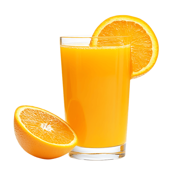 Glass of fresh orange juice with orange