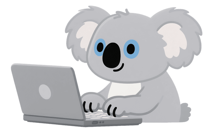 Cartoon koala bear working at a laptop computer