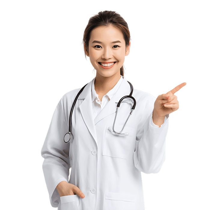 Smiling Asian female doctor points.