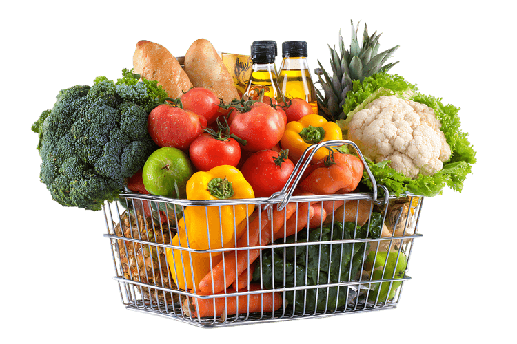 Fresh produce in a shopping basket.