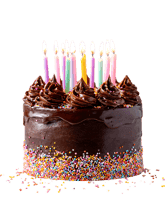 Delicious chocolate cake with colorful sprinkles and lit candles.
