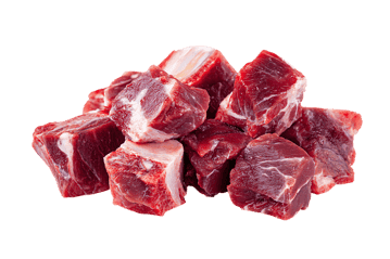 Close up of fresh, raw beef cubes, ready for cooking.