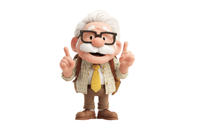 Animated cartoon old man with glasses pointing upwards