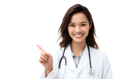 Smiling female doctor points right