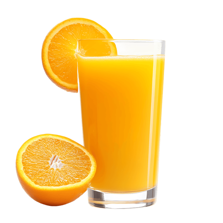 Glass of fresh orange juice with orange slices transparent