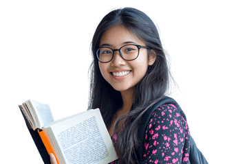 Happy young woman holding a book, education concept