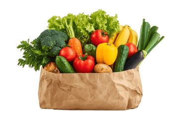 Fresh fruits and vegetables in a paper bag374
