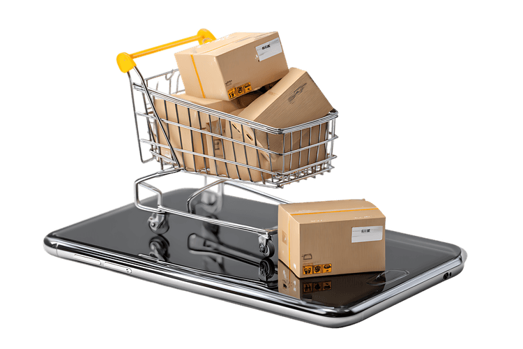 Shopping cart with packages on a smartphone screen.