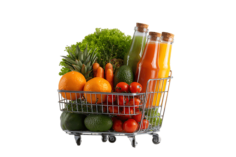Healthy food shopping cart with fruits, vegetables and juice.