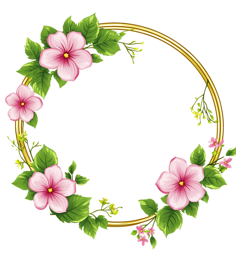 Elegant gold floral wreath with pink flowers and green leaves.
