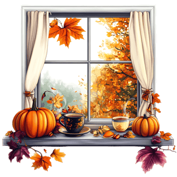 Cozy autumn window with pumpkins and coffee.