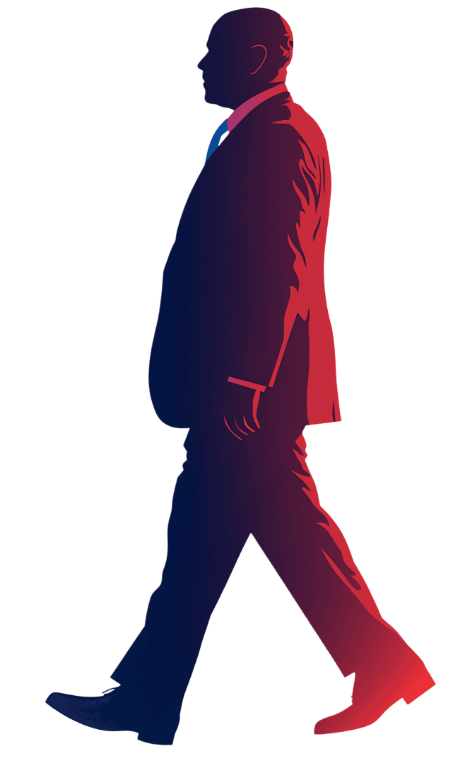 Side profile of a businessman walking, red and blue gradient.