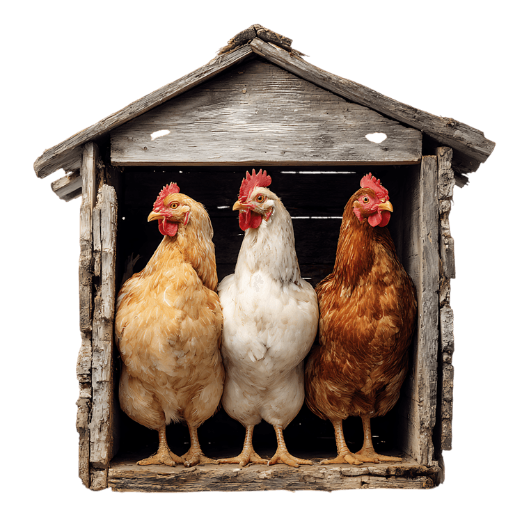 Three hens in rustic coop.