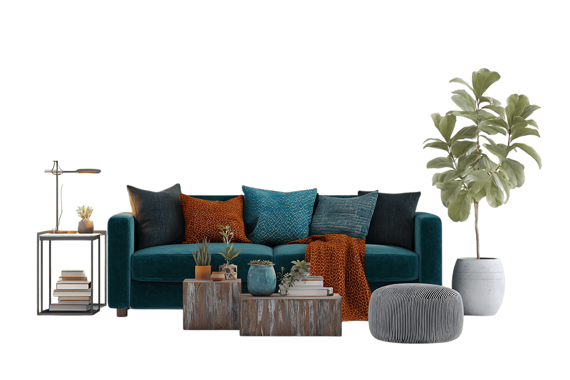 Stylish and cozy living room with a green sofa