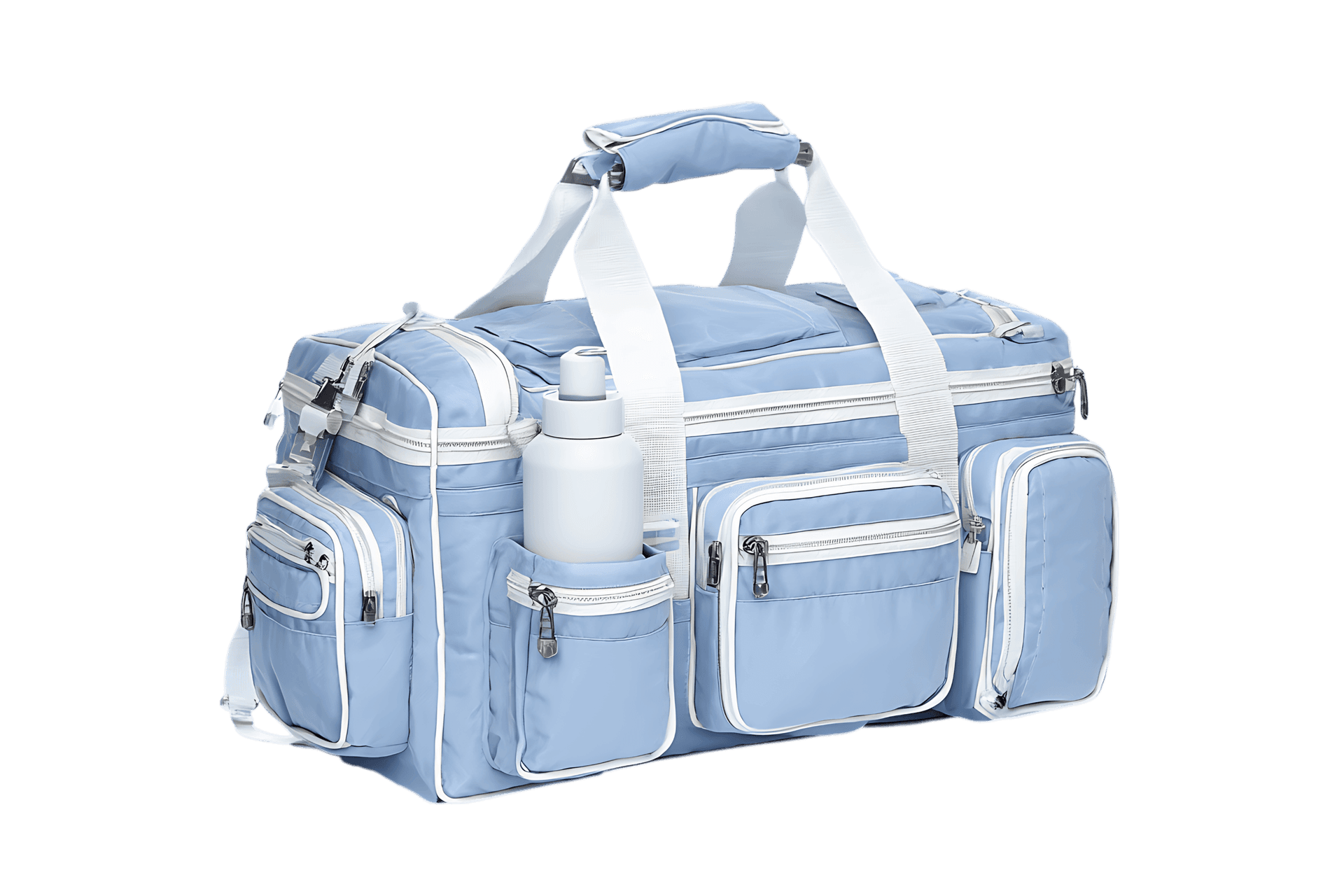 Light blue travel duffel bag with multiple pockets.
