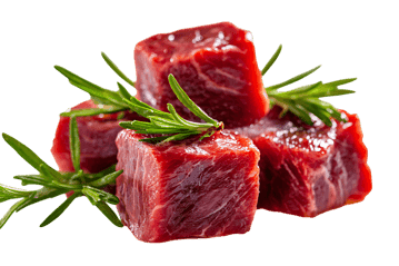 Close up of fresh beef cubes garnished with rosemary sprigs.