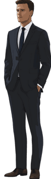 Businessman in dark suit, hands in pockets.