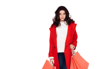Stylish woman in red coat with shopping bags.