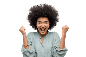 Happy woman celebrating success with a big smile and raised fists.