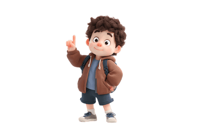 Cartoon boy with backpack pointing up illustration