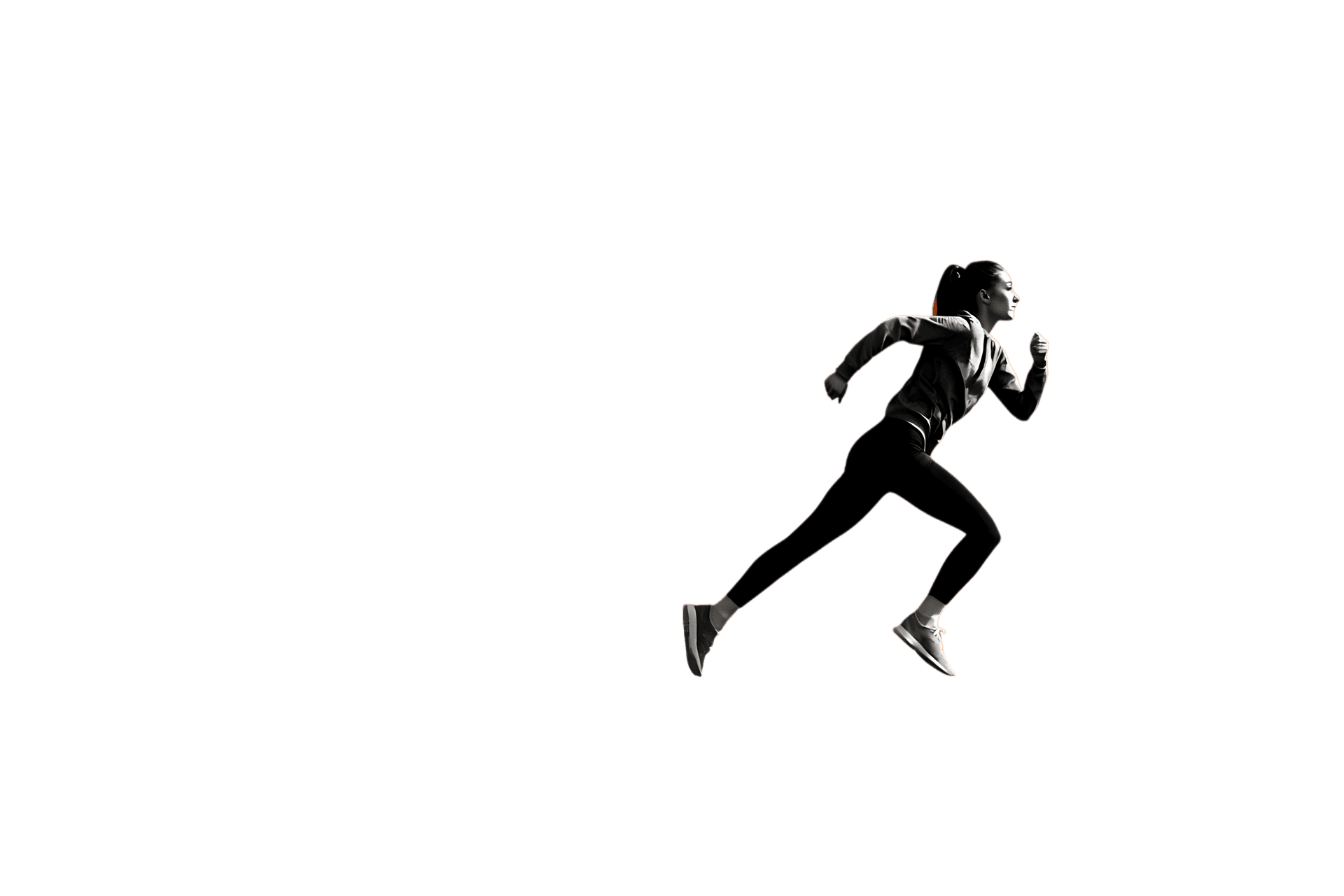 Dynamic silhouette of a person running against a black background.