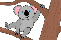 Cartoon koala on a tree branch