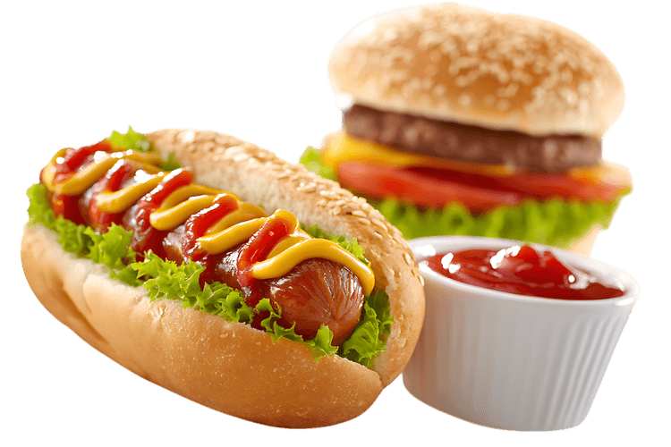 Hot dog and hamburger with condiments