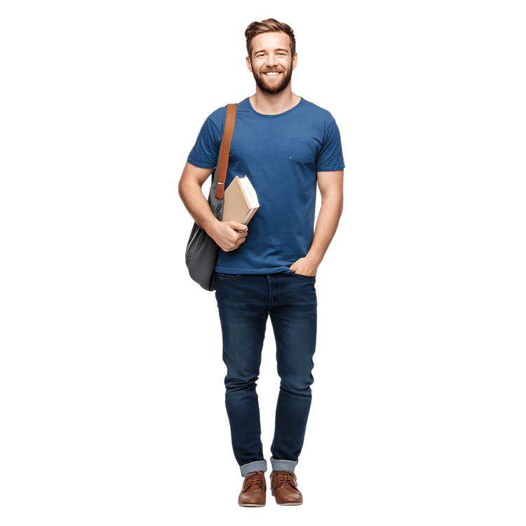 Happy student ready for class, holding book, education concept