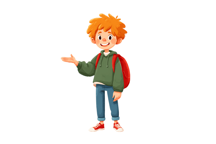Cartoon boy with backpack gesturing and smiling