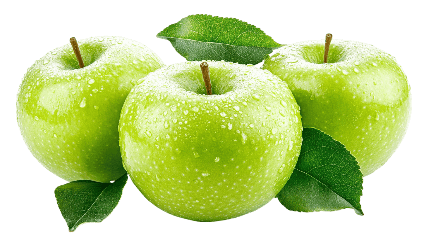 Three fresh green apples with water drop.