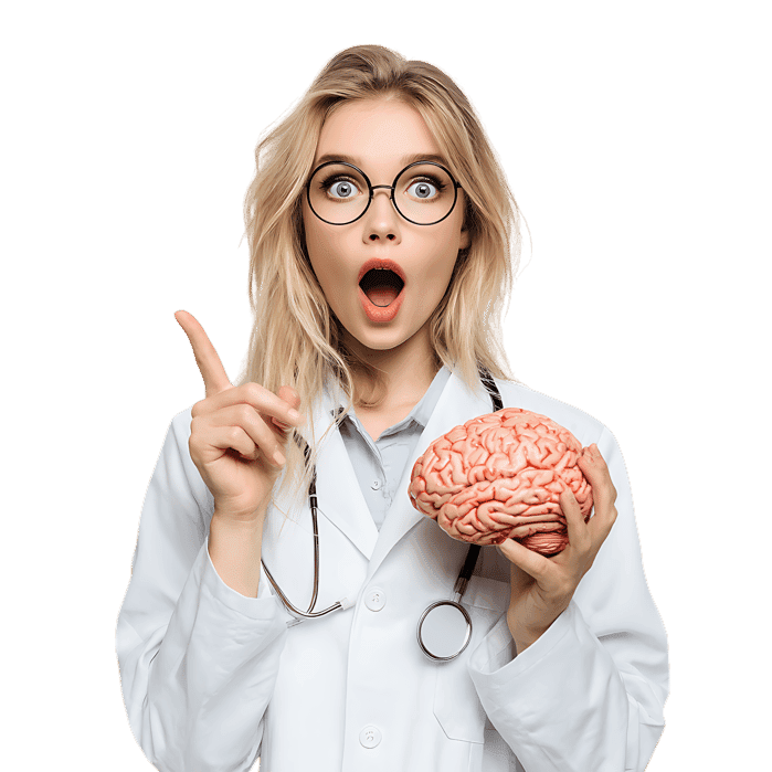Amazed doctor holding a brain model